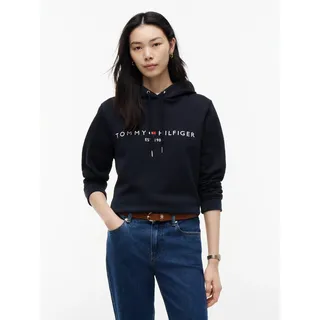 Kapuzensweatshirt TOMMY HILFIGER, Damen, Gr. S (36), blau (desert sky (dunkelblau)), Sweatware, Obermaterial: 64% Baumwolle, 36% Polyester, bestickt, unifarben, figurbetont hüftlang, Rundhals, Bündchen, Sweatshirts, mit Tommy Hilfiger Logostickerei