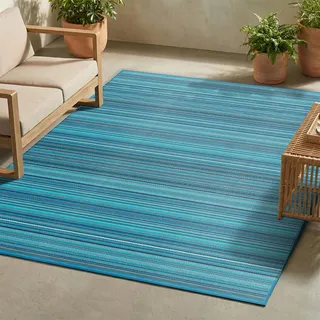 FH Home Outdoor Camping-Teppich - wasserfest, farbecht, wendbar - recycelter Premium-Kunststoff - Gestreift - Terrasse, Veranda, Wohnmobil, Campingküche – Havanna - Türkis - 270 x 360 faltbar