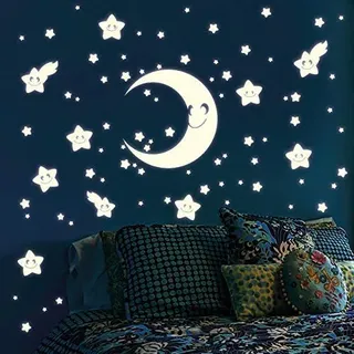 Wandtattoo Loft Leuchtsterne Kinderzimmer, Mond und Sterne mit Gesicht Set, 76 Stück, selbstklebende und fluoreszierende Lichtersterne, Nachtsterne, Leuchtende Sterne Aufkleber, Leuchtesterne Wand