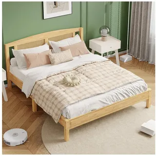 BlingBin Holzbett Doppelbett Rattanbett Jugendbett Massivholzbett (Bettgestell mit Rattannetzkissen, 15 Latten und Mittelfüße, 1-tlg., 160X200cm, Ohne Matratze, Gewichtskapazität: 150kg), Holzbett aus Kiefer und PE-Rattan für Schlafzimmer, Natur beige