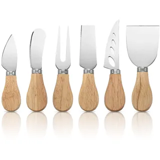 XRVRILE Käsemesser Set mit Buttermesser Klein, 6-teiliges Mini-Käsemesser Käsebesteck mit Holzgriff, Edelstahl-Küchenkäse-Werkzeuge für Weichkäse, Schnittkäse, Kuchen, Dessert, Käsesalat