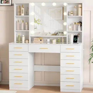BEWISHOME Schminktisch mit Spiegel und Beleuchtung,Frisiertisch mit Transparente Glasplatte,Make-up Schminktische mit Steckdose,Schminktisch mit 13 Schubladen,6 offenen Regalen,Weiß EFST61W
