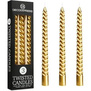 DECO EXPRESS Stabkerzen Set 3er oder 6er Tropffreie Stabkerzen Gedrehte Spiralkerzen Bunte Kerzen Brenndauer 6 Stunden Unparfümiert (Gold, 3er-Pack)