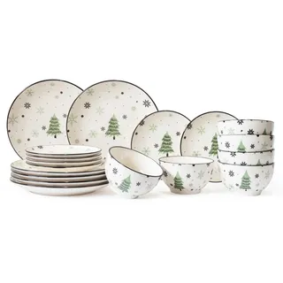 Cookinglife Weihnachtsgeschirr-Set Grün 18-teilig (für 6 Personen) – Hochwertiges Keramik-Geschirr mit Weihnachtsbaum-Motiv, Spülmaschinengeeignet, Festliches Tafelservice für Weihnachten