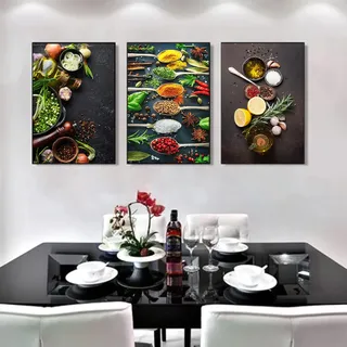 Trayosin Küche Poster 3er Set - Gewürz Leinwand Bilder Wanddeko für Wohnzimmer, Küche & Esszimmer | Moderne Wandbilder Kunstdruck, Ohne Bilderrahmen (30x40cm)