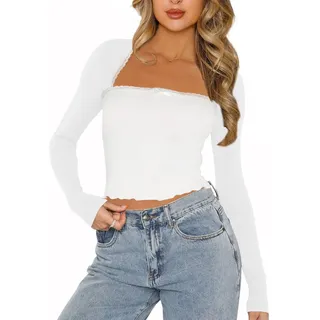 EMOTTOS Damen Y2K Spitzentops mit Quadratischem Ausschnitt, Elegantes Slim Fit T-Shirt mit Fliege, Patchwork Low Cut Top mit Langen Ärmeln für Club Party, Weiß, M - M