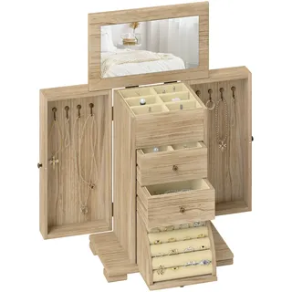 Schmuckbox, Schmuckschatulle, 4-stufiges Layout, Integrierter Spiegel, Holz, Braun