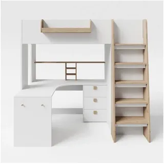 roba® Hochbett Small World 90 x 200 cm - inklusive Lattenrost & Leiter - Kinderbett Jugendbett mit Schreibtisch und Kleiderschrank - Holz - Weiß / Eiche weiß