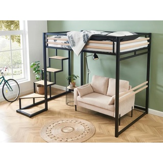 Hochbett - 140 x 200 cm - Metall & MDF - Naturfarben & Schwarz - JOGUI