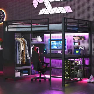 Merax Hochbett 140x200 mit Schreibtisch & Großer Stauraum, Stabile Metallbett Multifunktionales Bettgestell mit LED-Beleuchtung, offenem Kleiderschrank und Ablagefächern, Schwarz