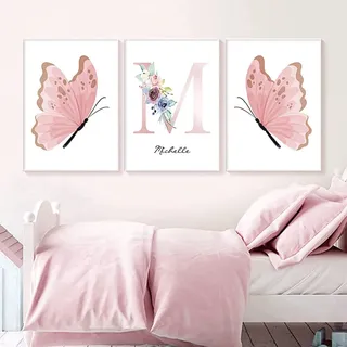 HMXQLW Rosa Blumen Schmetterling Wandbilder Aquarell Bilder kunstdrucke Mädchen Kinderzimmer Deko,Leinwandbilder Moderne Poster und Drucke Wandkunst Kinderzimmer Rahmenlos (3X20X30CM)