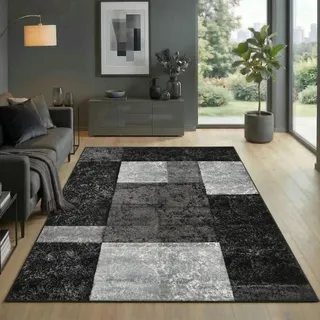 Carpetsale24 Teppich 160x230 cm Kurzflor Konturenschnitt in Schwarz Grau Weiß Kariertes Design, Waschbar, Pflegeleicht, Extra Weich Für Wohnzimmer, Esszimmer, Schlafzimmer
