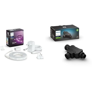 Philips Hue White & Color Ambiance Lightstrip Plus Basis-Set V4 (2 m) & Outdoor T-Stecker, Zubehör Niedervolt-System, schwarz, wetterfest (IP67)