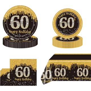 Schwarz-goldenes Partyzubehör zum 60. Geburtstag, Einweggeschirr-Set, schwarzgoldene Pappteller, Servietten, Becher, Tischdecke, Einweggeschirr-Set für Partydekorationen zum 60. Geburtstag