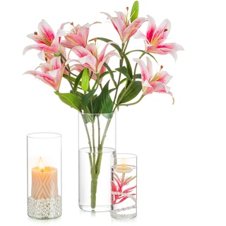 Inweder Vase Glas Zylinder Blumenvase - 3 Pcs Vasen Deko Klaren Glasvase für Hochzeit Tischdeko Windlicht Glas Kerzenständer Kerzenhalter für Stumpenkerzen Schwimmende Kerzen Wohnzimmer 15+20+25cm