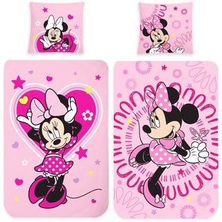 Minnie Mouse Flanell Kinder Wende-Bettwäsche Sweet Pink 135 x 200 + 80 x 80 cm 100% Baumwolle Biber-Flanell-Qualität Minnie Maus Disney Mickey Maus Rosa Love mit Reißverschluss Deutsche Größe