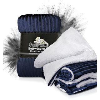 Sheepwell® Flauschige Plüsch Bettwäsche Navy Blue weiß Bettwäsche 155x220, Kissenbezug 80x80 Winterbettwäsche, Kinderbettwäsche, Fellbettwäsche kuschelig warm, Flanell, kuschelweich, bügelfrei