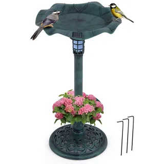 FANTASK Vogeltränke stehend, Ø43x76cm, Vogelbad mit Solarleuchte, Blumentopf, Wasserschale & Ständer, Vogelfutterstation Retro, Futterspender Vogelfutterspender für Balkon, Garten & Wald (Grün)