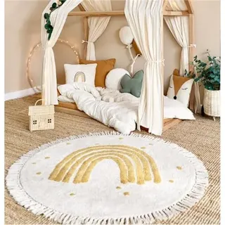 Herfair Teppich Rund, Regenbogen Kinderteppich Mädchen Weiche Boho Kinderzimmerteppich Babymatte rutschfest für Schlafzimmer Kinderzimmer (Gelb,100cm)
