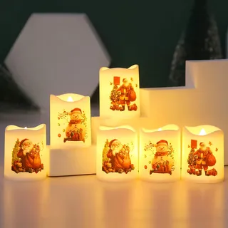 Led Kerzen Weihnachten, 6 Stück Led Kerzen mit Fernbedienung Weihnachtsdeko Flammenlose LED Kerzen mit Weihnachtsmann Motiv Batteriebetriebene Kerzen Led Kerze LED Teelichter für Weihnachtsdeko