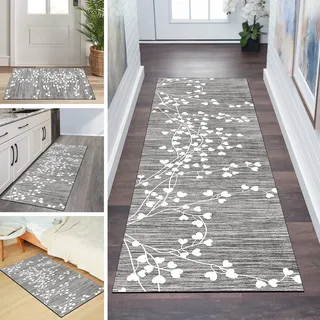 QQrunner Teppich Läufer Flur rutschfest 90x350cm Küchenteppich Vintage Grau Waschbar Meterware Schlafzimmer Korridor Teppichläufer Lang, Länge Anpassbare, 60/70/ 80/90/ 100/110/ 120cm Breit