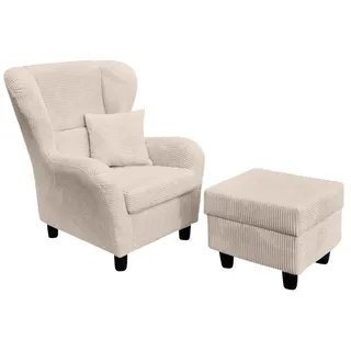 Ohrensessel mit Hocker Landhausstil Polster-TV-Lesesessel Cordstoff Beige Creme