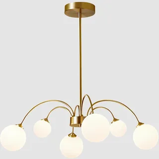 KCO Lighting Sputnik-Kronleuchter Gold mit 6 Weißglas-Kugeln, 73 cm höhenverstellbar, Halb-Einbau für Esszimmer und Wohnzimmer