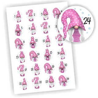 24 Aufkleber 1-24 Adventskalender Zahlen Weihnachten Wichtel Rosa | 24 Stück, Sticker