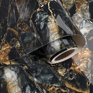 VaryPaper Marmor Folie Selbstklebend Schwarz Gold 81cmx300cm Klebefolie Möbel Marmoroptik Dekofolie Möbelfolie Marmor Folie Arbeitsplatte Küche Wasserfest Küchenrückwand Tischfolie Schrank