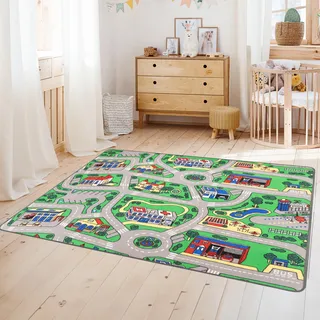 Primaflor Kinder-Teppich City 160 x 200 cm Interaktiver Straßenteppich mit Straßen & Gebäuden – Kindermatte für kreative Aktivitäten – Pflegeleicht, kurzflorig, Hochwertig CE & GUT geprüft
