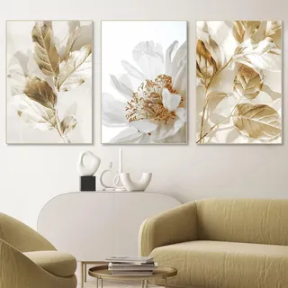Beige Botanische Wandkunst Weiße Blume Goldblatt Leinwand Wandkunst Neutrales Blatt Kunstwerk Beige Botanische Drucke Neutral Wandkunst Schlafzimmer Beige Wandkunst Drucke Beige Boho Pflanzenbild
