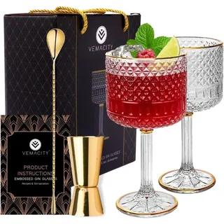 Luxuriöses Gin Gläser 2er Set | 2 Geprägte Gin Tonic Gläser mit Goldrand 500m...