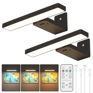 BrightWish 2 Stück Bilderleuchte Kabellos, LED Wandleuchte Innen mit Fernbedienung, 3500mAh Akku Bildbeleuchtung mit Timer, Dart Beleuchtung, 3 Farbmodi Dimmbare Wandlampe für Malen Foto Art, Schwarz