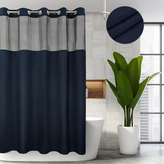 Voguease Duschvorhang aus Baumwoll-Mischgewebe mit Snap-In-Liner und durchsichtiger Oberseite, Waffelgewebe, strapazierfähig, maschinenwaschbar – 180,3 x 188 cm, Marineblau