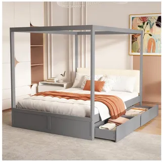 Flieks Massivholzbett, Himmelbett 140x200cm mit 2 Schubladen und weicher Rückenlehne grau 142 cm x 204 cm x 160 cm