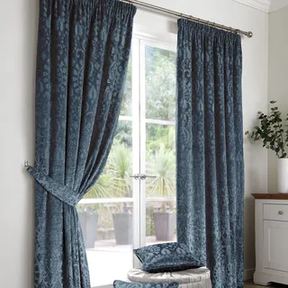 Curtina Samtvorhänge aus Damast, 229 x 183 cm (B x L), 2 Raffhalter, Damastvorhänge, 2 Samtvorhänge, gewebte Vorhänge in Marineblau, luxuriöse Vorhänge und Vorhänge, Marineblau