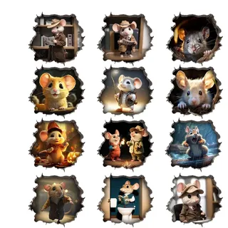 12 Stück 3D Leuchtaufkleber Lustige Wandtattoo 13,5 x 13 cm | Interessantes Mausloch Wandtattoo Maus in einem Loch, Realistische PVC Wandsticker Aufkleber für Haus Wohnzimmer Bücherregal
