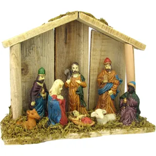 Krippe XXL aus Holz, incl. Figuren, mit Moos verziert, 20x16x6,5cm