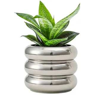 SANDYBAYTAS Keramik-Blumentopf für den Innenbereich, 11,9 cm (4,7 Zoll) mit Ablaufloch, Keramik-Blumentopf mit kl, zur Dekoration von Zuhause und Büro (Silber)