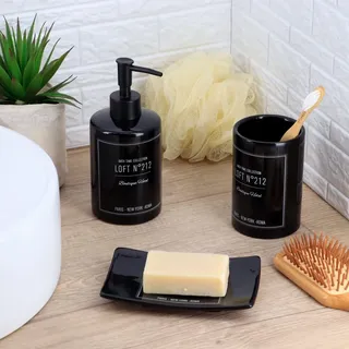 LiKeKa® Badaccessoire-Set 3-teilig – Zahnputzbecher, Seifenspender & Seifenschale im Neo Retro Design – Hochwertiges Dolomit – Elegant & langlebig (Schwarz)