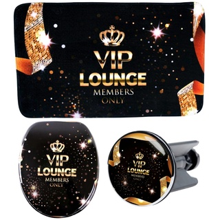 Badaccessoire-Set SANILO "VIP-Lounge" Badaccessoires-Sets schwarz (schwarz, gold) Bad-Accessoires Sets bestehend aus WC-Sitz, Badteppich und Waschbeckenstöpsel