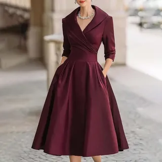 Damen Satin A-Linie Abendkleid, Elegantes Langarm V-Ausschnitt Cocktailkleid für Hochzeitsgäste mit Umlegekragen in Aprikose Schwarz Weinrot(2XL Weinrot)