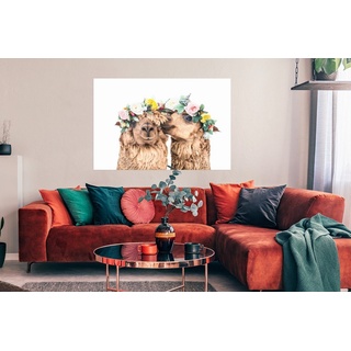 MuchoWow Poster Alpaka - Blumen - Tiere - Natur, (1 St), Bild für Wohnzimmer, Schlafzimmer, Wandposter, Ohne Rahmen, Wanddeko bunt Rechteckig - 120 cm x 90 cm