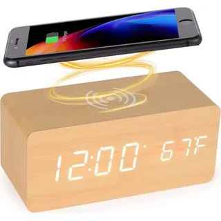 Digitaler Wecker Aus Holz Mit Kabelloser Ladestation, 5-w-schnellladegerät Für Iphone/samsung Galaxy, Sprachaktivierter Alarm Ohne Ticken, Für Schlafzimmer, Zuhause Und Büro (bambus)
