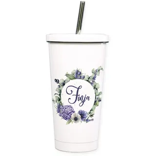 GRAZDesign Cocktailbecher mehrweg mit Deckel, personalisiert mit Namen, Blumenkranz, Eukalyptus, Trinkbecher mit Trinkhalm aus Edelstahl, ideal als Geschenk