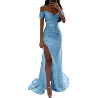 DeaAmyGline Damen Abendkleid Lang Glitzer Kleid Schulterfrei Pailettenkleider Bodycon Kleid mit Schlitz Etuikleid Abiballkleider Elegant Hochzeit Gast Partykleid Ballkleid Glitzerkleid Fauen