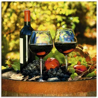 ARTland Wanddeko Glasbilder Wandbild Glas Bild einteilig Quadratisch Toskana Italien Rotwein Früchte Obst Fass Herbst Blätter T5OI