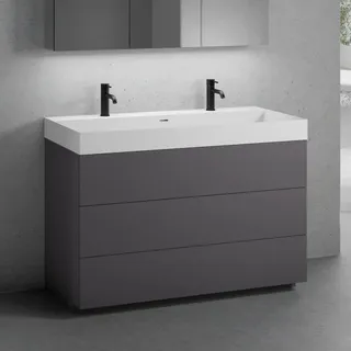 Neoro n50 Unterschrank B: 120 cm mit 3 Auszügen, Doppelwaschtisch mit 2 Hahnlöchern weiß matt,, BN0141WM+BN0454GR