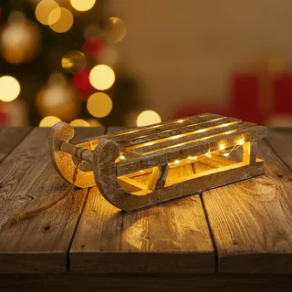LED Holz Schlitten mit Timer - 30 cm - Winter Weihnachts Advents Deko beleuchtet