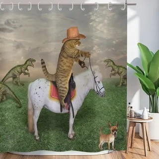 ASDCXZ Duschvorhang Lustig 180x200 cm, West Cowboy Bauernhof Lustig Katze Fahrt Pferd Waschbar Textil Badezimmer Vorhänge Polyester Wasserdicht Duschvorhänge für Badewanne mit 12 Duschvorhang Hake